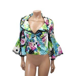 Vintage Alberto Makali Silk Floral Polka Dot Silk Blazer Jacket Bell Sleeves